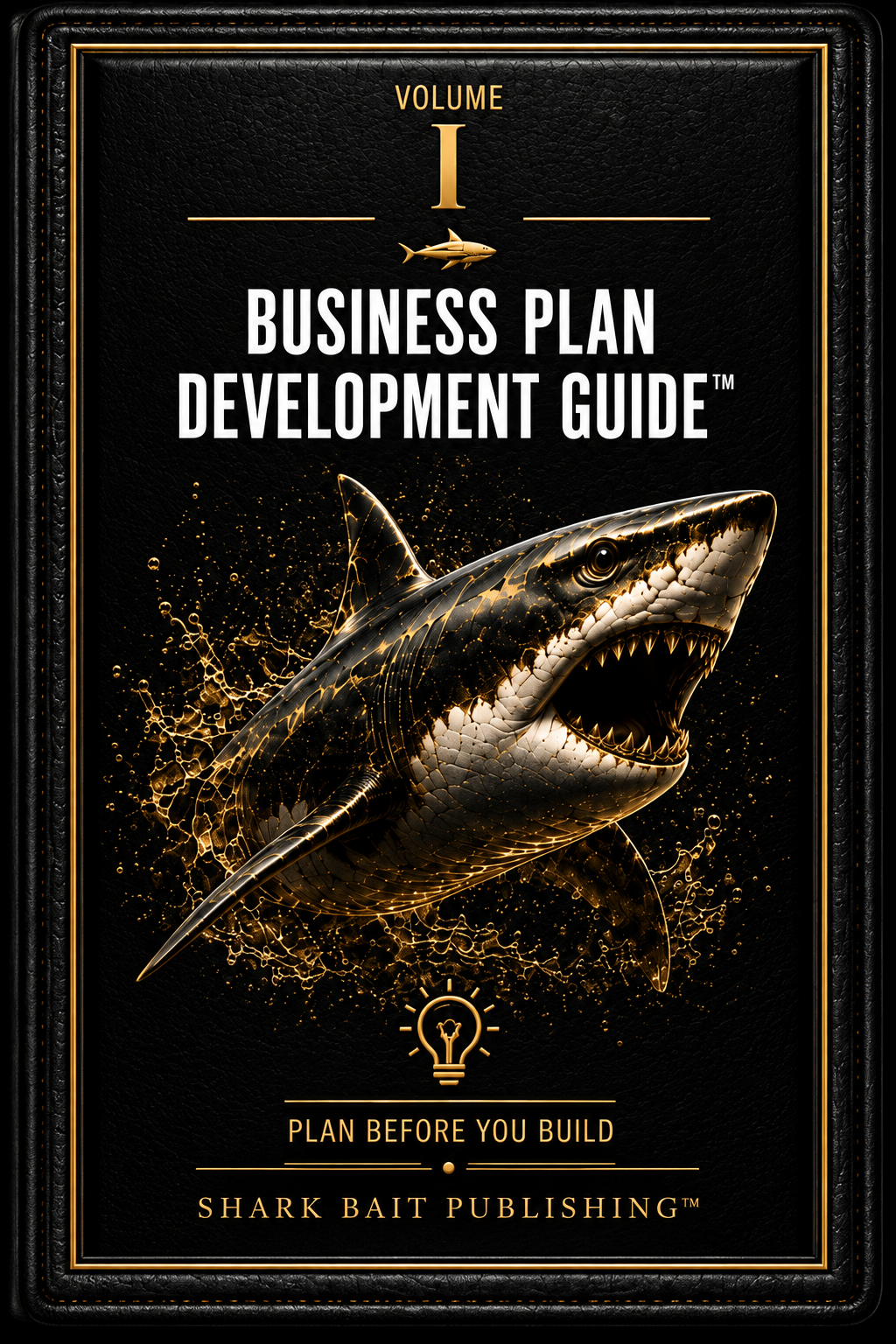 Black and gold cover of Volume I, Business Plan Development Guide, with a shark illustration